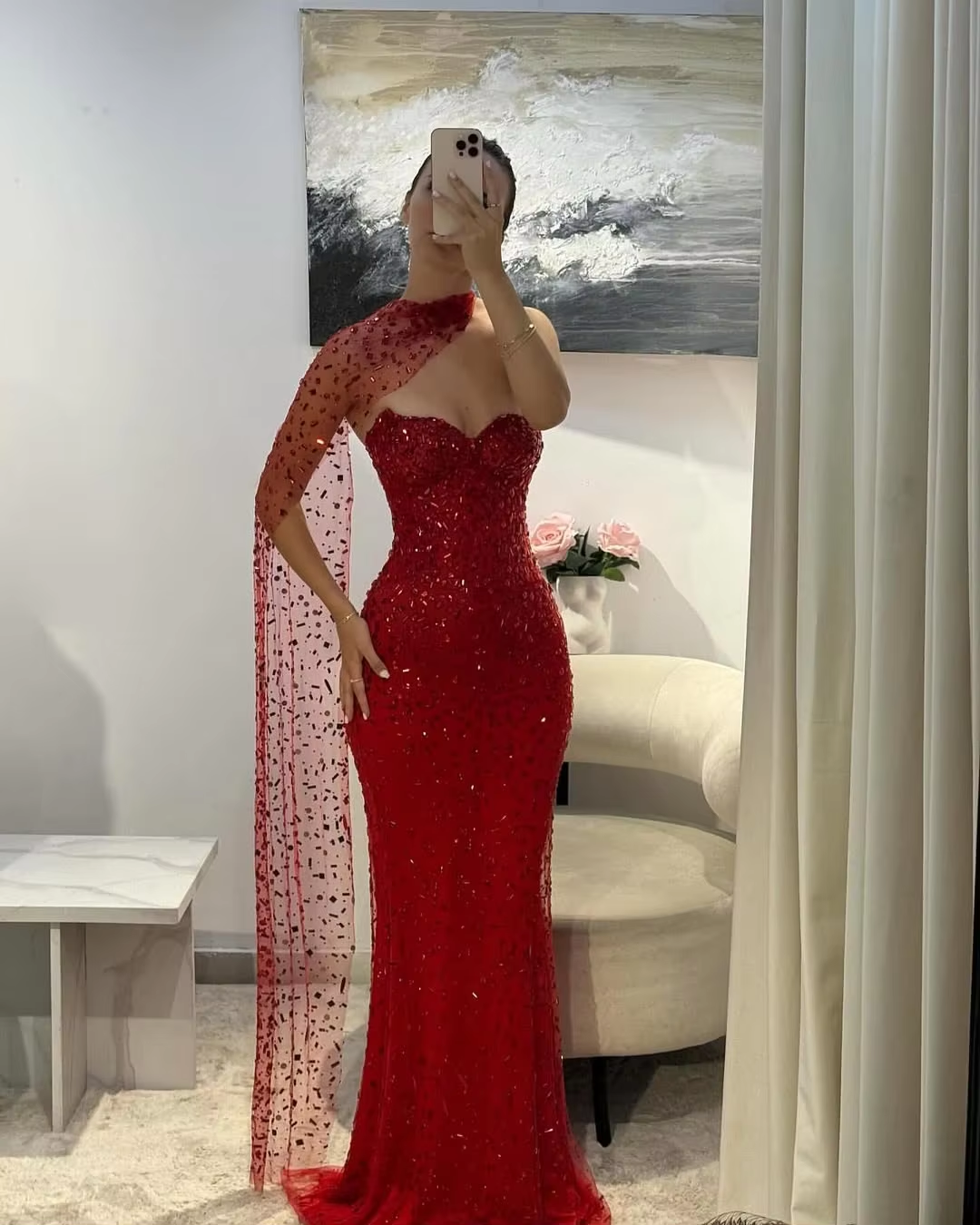 Ruolai WL070 Strapless Red Formal Evening Dresses Sequined