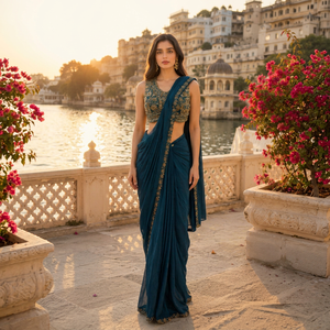 Sari Tradicional Azul de Seda para Mujer con Bordado Dorado, Largo hasta el Suelo, Estilo Indio-Pakistaní, Corte Regular, Elástico, para Bodas - Product Image 1