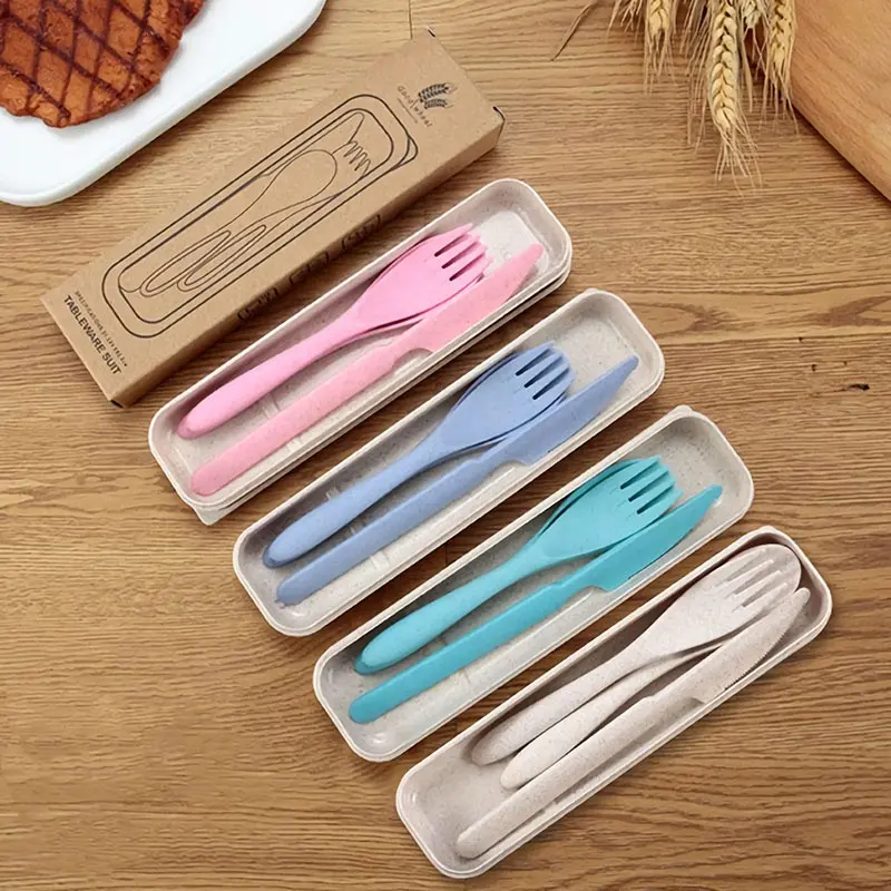 Set di posate in plastica colorata ecologica per scuola coltello da forchetta biodegradabile con cucchiaio di paglia di grano con scatola da campeggio
