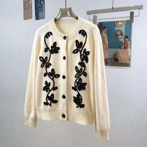 Cárdigan de Punto Transpirable para Mujer, Estilo Vintage, Color Blanco, Cuello Redondo, Manga Larga, Cierre de Botón, Bordado <span class=keywords><strong>Floral</strong></span>, Otoño-Invierno - Product Image 2