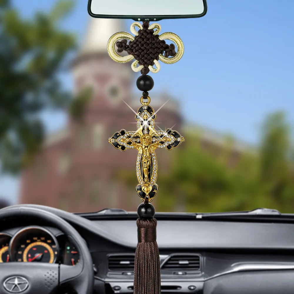 Beautiful Gold Cross with Daimon and Jesus for Car Decoration Hanging Car Jesus Cross Pendant