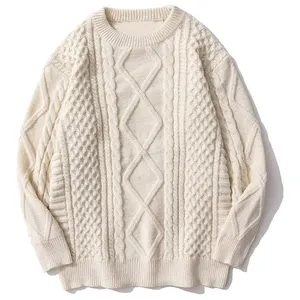 Cable Knit Sweater Women's Retro Thick Beige Sweater Men's Woven Crew Neck Knitted Pullover White