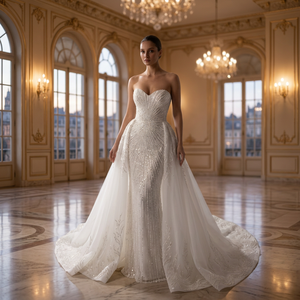 Robe de mariée moderne sans bretelles, sans manches, coupe trapèze, grande taille, ornée de perles, broderie de cristaux, jupe en satin drapée, taille naturelle - Product Image 5
