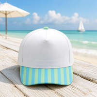 Gorra de Béisbol Personalizada con Visera Azul Verde a Rayas, Bordada, de 5 Paneles, con Cierre a Presión y Estampado de Rayas Verticales en la Visera