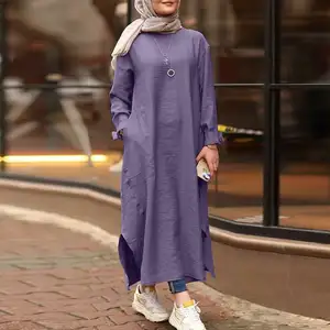 Женская мусульманская Одноцветный костюм с длинными рукавами рубашка с карманом, платье трапециевидной формы, повседневная одежда для детей robe для платьев