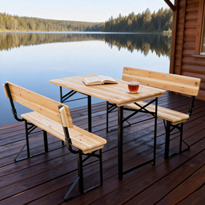 Houten opvouwbare draagbare party bierhouder bartafel stoelenset 3-delige biertafelset met rugleuning stijl bank - Product Image 1