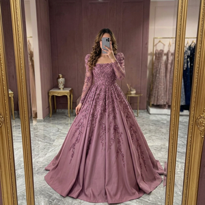 Lavender Square Neck Long Sleeve Beaded Taffeta A-Line Floor-Length Natural Waist Zipper Back Built-in Bra Breathable Dress - Product Image 2