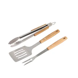 Fabriek Houten Handvat Bbq Tool Set Spatel Vorken Tang 3 In 1 Set