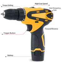 Perceuse-visseuse électrique sans fil 12V haute puissance, double usage, jaune, avec batterie rechargeable, personnalisable OEM, et jeu de tournevis