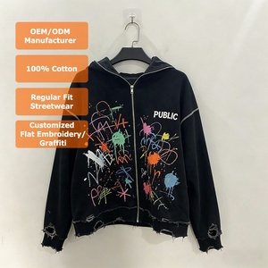 Sweat-shirts à capuche personnalisés OEM de haute qualité avec broderie plate et fils contrastants, style graffiti vieilli, fermeture éclair intégrale pour hommes – Collection Automne - Product Image 1