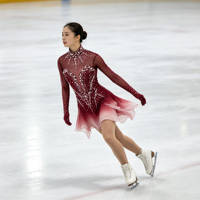 Robe de patinage artistique à col haut et manches longues, dégradé rouge vin avec strass, en tissu mesh pour compétition et spectacle sur glace (adultes et enfants)