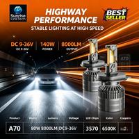 Phares LED de voiture SunRise A70 H4 9-36V 140W 8000LM 6500K IP68 Étanche Haute Luminosité Plug and Play Adaptation Universelle