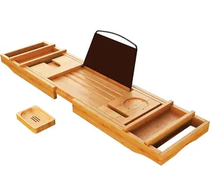 Luxury Bamboo Bathtub Caddy Tray - Expandable Bath Table Over Tub with Wine Glass Book and Phone Holder and Free Soap Dish