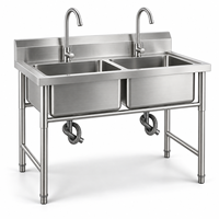 Évier double en acier inoxydable sur mesure, qualité alimentaire 304, durable, finition argent brossé, pieds ronds, pour cantine et cuisine