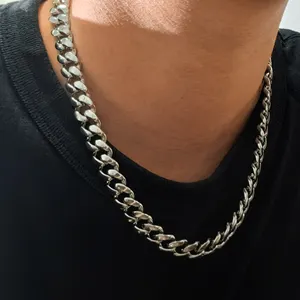 VANFI Men's 12mm 19-inch Plain Chain Silver Zircon Button Cuban Chain Necklace