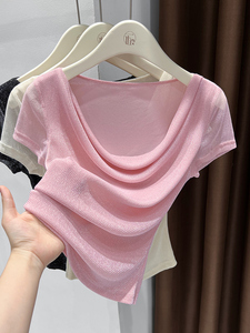 <strong>Pink</strong> Shiny Women's T-Shirt High-End Summer <strong>Top</strong> Ruched Waist Off-Shoulder Short-Sleeve Featuring Ice <strong>Silk</strong> Mesh Regular Shoulders - Product Image 4