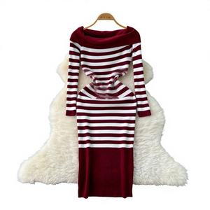 Robe midi moulante en maille pour femme - Col <span class=keywords><strong>carré</strong></span> épaules dénudées, taille empire côtelée, décontractée pour la nuit - Product Image 1