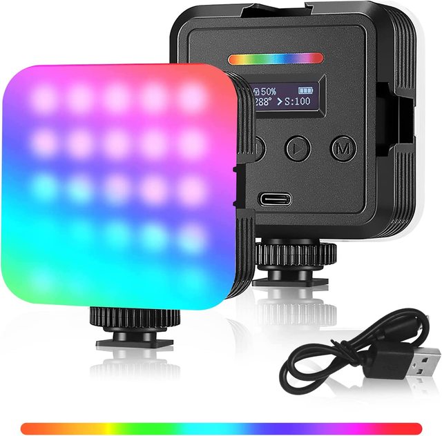 RGB LED Full-Color Dimmable 2000mAh Rechargeable Portable Video Lighting for Photography OLED Display with Camera