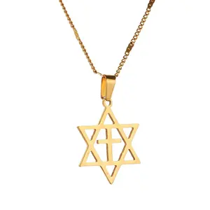 Stainless Steel Star of David W/Chai Symbol Cross Pendant Necklace Jews Jewelry