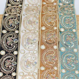 Width 48 mm Gold yarn Cord Sequins Lace Colorful Handmade Embroidery ethnic style bar code ribbon For DIY National Clothing