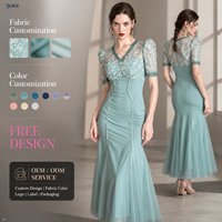 Robe midi sirène élégante personnalisée pour femme, décontractée, d'été, en viscose, nylon et élasthanne, avec col en V, manches courtes bouffantes, patchwork et dentelle transparente, coupe ajustée
