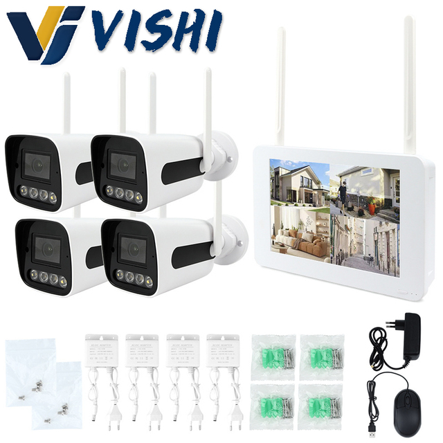 Vishi Outdoor Wireless HD Full-Color 4-Channel Surveillance Kit Remote Control Intercom Function Security Wifi Camera Monitor