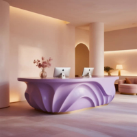 Mostrador de Recepción Comercial Extensible con Diseño Moderno y Elegante de Flores de Lavanda, Barra Curva Creativa para Oficinas, Edificios, Centros Comerciales y Hoteles, en PETG