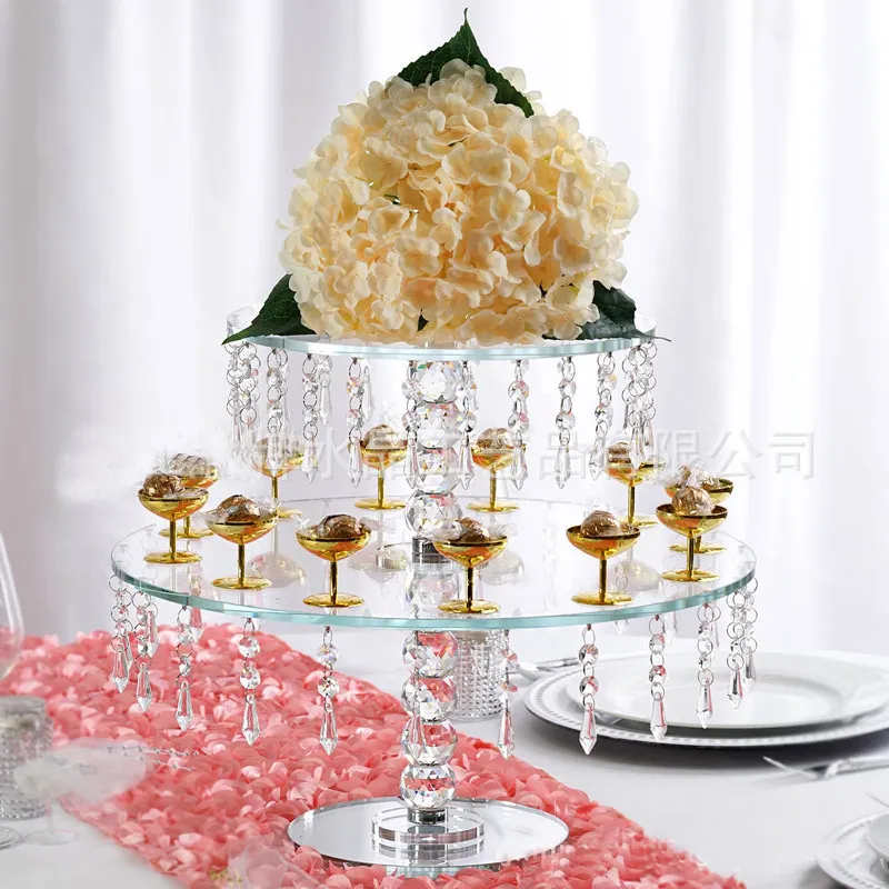 卸売結婚式イベントテーブル装飾2層ラウンドクリスタルガラスミラープレートケーキスタンド果物やケーキや花
