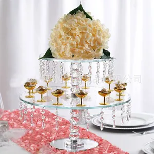 Wholesale wedding event table decoration 2 layers round crystal glass mirror plates cake stand for fruits or cake or flower