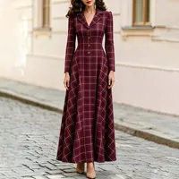 Robe pour femme ODM, coupe ajustée, taille haute, silhouette en A, manches longues, élégante, style français, motif à carreaux, pour l'automne et l'hiver
