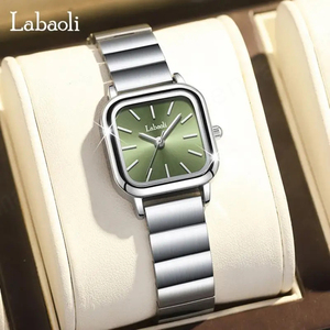LABAOLI, relojes cuadrados minimalistas verdes para mujer, relojes de pulsera plateados de acero inoxidable para mujer, relojes luminosos para mujer para regalo - Product Image 1