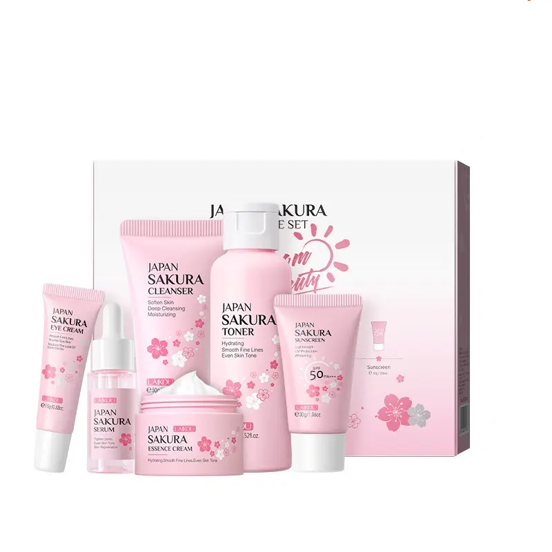 Laikou sakura 6 adet en iyi cilt bakımı seti ürünleri geliştirmek kırışıklık kaba cilt temizleyici toner serum göz kremi yüz esanslı krem