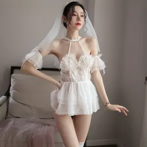 Modische weibliche sexy Pyjamas Open Crotch Frauen sexy Spitze Mesh Braut Cosplay Kostüm Dessous Set