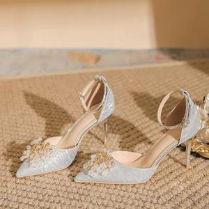 Sandali alla Moda con Cinturino alla Caviglia in Raso, Fiocco di Perle, Tacco Sottile, Punta a Spillo, per Estate e Autunno, Matrimoni e Feste, con Rialzo - Product Image 2