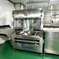 Automatische machine voor het coaten van eiwitrepen met chocolade, inclusief warmhoudtank en koeltunnel voor de productie in een snackfabriek