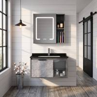 Meuble-lavabo gris foncé en aluminium laqué, résistant à l'eau, facile à nettoyer, avec dessus en pierre frittée noire et porte coulissante transparente