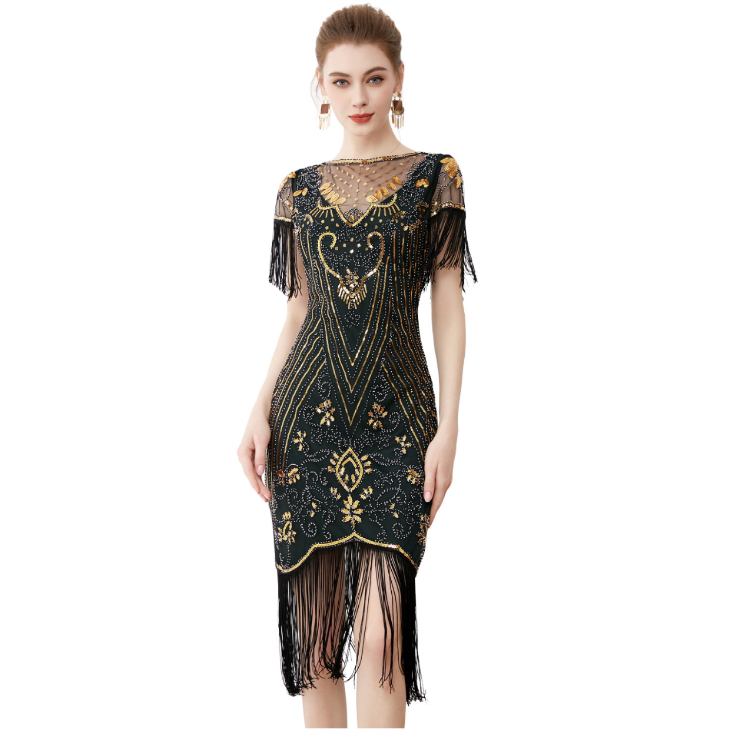 green emerald velvet dress BABEYOND Floral Beaded Plus Size Dress, Plus Size Dresses, Black / Gold, 12