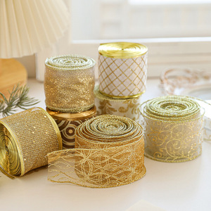 Factory Christmas Custom <b>Silver</b> Gold Hot Stamping Christmas <b>Wire</b> Edged Ribbon Sheer Organza Printed Ribbon for Gift Package - Product Image 1