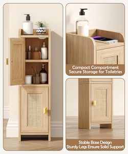 SENYU <b>Wooden</b> Slim <b>Bathroom</b> <b>Cabinet</b> with 2 Doors Rattan Panel Storage Unit Natural Finish Brass Handles Scandinavian Design - Product Image 5