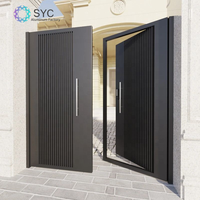 Portail de garage extérieur moderne en aluminium avec clôture en bois traité sous pression style naturel, modélisé en 3D