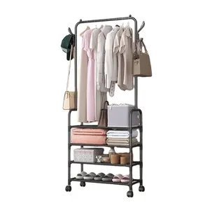 4 layers metal clothes tree standing hanging clothes rack removable coat rack hall stand with wheels