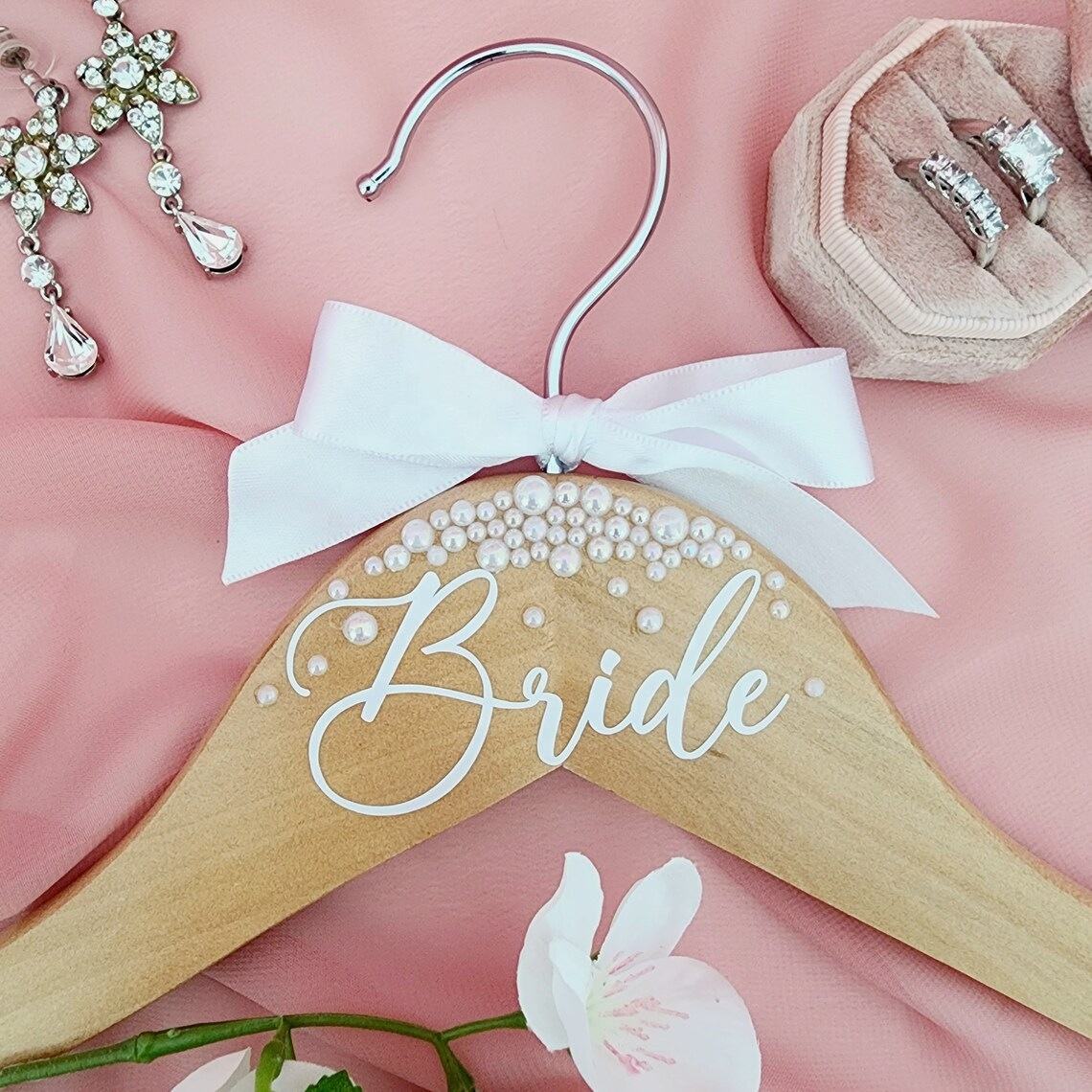 Personalized Wooden Wedding Dress Hanger With Bow Pearl Wedding