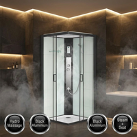 Cabine de douche hydro-massante à vapeur carrée en aluminium noir de luxe moderne avec siège brossé pour salle de bain