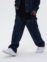 Haute Qualité 16.5oz pour Denim Brut Jambe Droite Salopette Bleu Foncé Lâche Coton Bûcheron Pantalon Genou Patch Rivet Décoration XXL