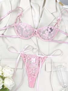 Conjunto de lencería sexy de encaje con bordado de corazón al por mayor, sujetador con aros de malla transparente y bragas tipo tanga con lazo lateral, ropa interior transparente. - Product Image 3