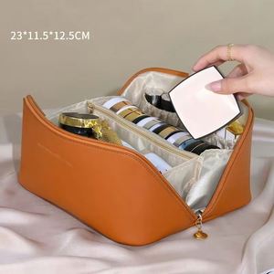 Pu Leather Waterproof Cosmetic Bags Portable <b>Makeup</b> Zipper Toiletry Bag - Product Image 1