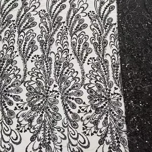 2024 fabricante OEM tecido de noiva verde com contas pesadas bordado flor 3D tecido de renda