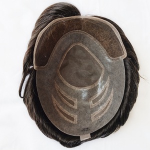 Vente en gros noeud blanchi naissance de cheveux naturelle système de remplacement de vrais cheveux humains pièce Super Fine pleine dentelle suisse hommes Toupet Stock - Product Image 5