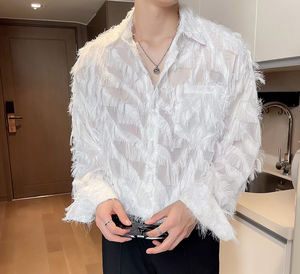 <strong>Men's</strong> Henry Neck Slim Casual Shirts Handmade 3D Feather Design Unique Social Camisas Homme <strong>Clothes</strong> - Product Image 4