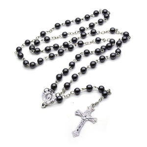 Kalung manik-manik batu empedu hitam kalung liontin salib antik kalung rosario religius grosir